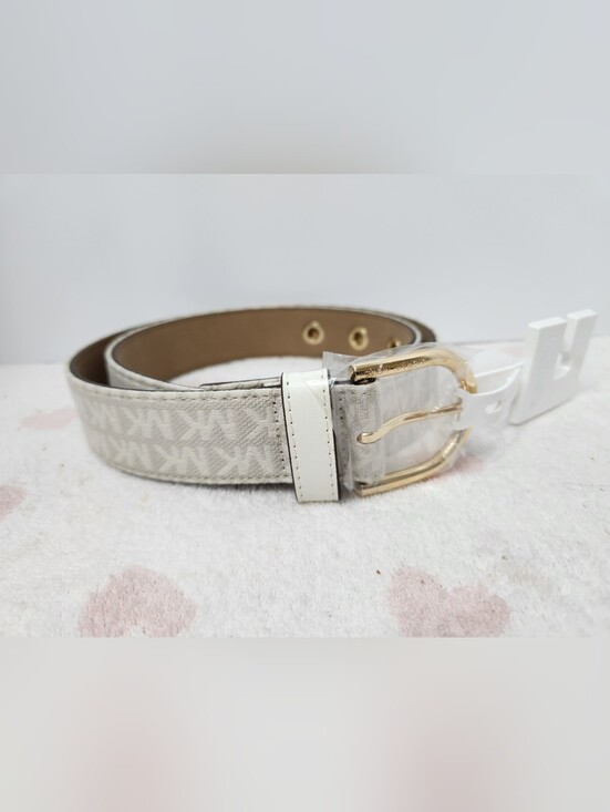 Michael Kors Accessories - Michael Kors Beige Signature Logo Belt with White Trim and Gold Buckle